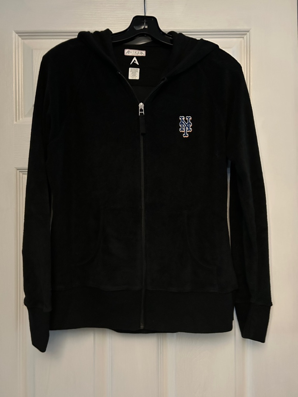 NY Mets Antigua Black Full-Zip Hoodie with Logo